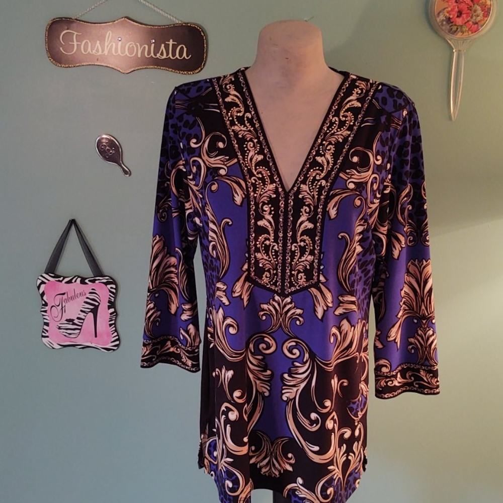Cobalt blue, black and gold tunic with gold studs